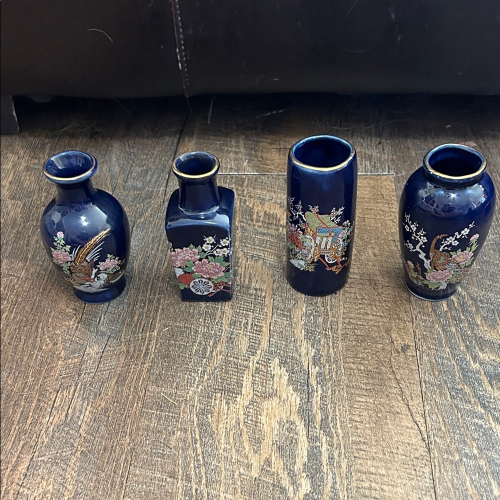 Mini Ceramic Bud Vases‎ Vintage Japanese Kutani Style Cobalt Blue Lot of 4pcs